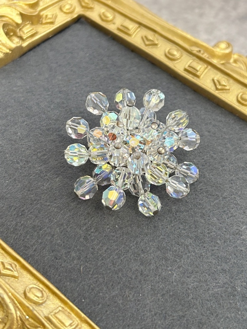 Vintage Crystal Aurora Borealis Flower Brooch - Sparkling Clear Rhinestone Pin